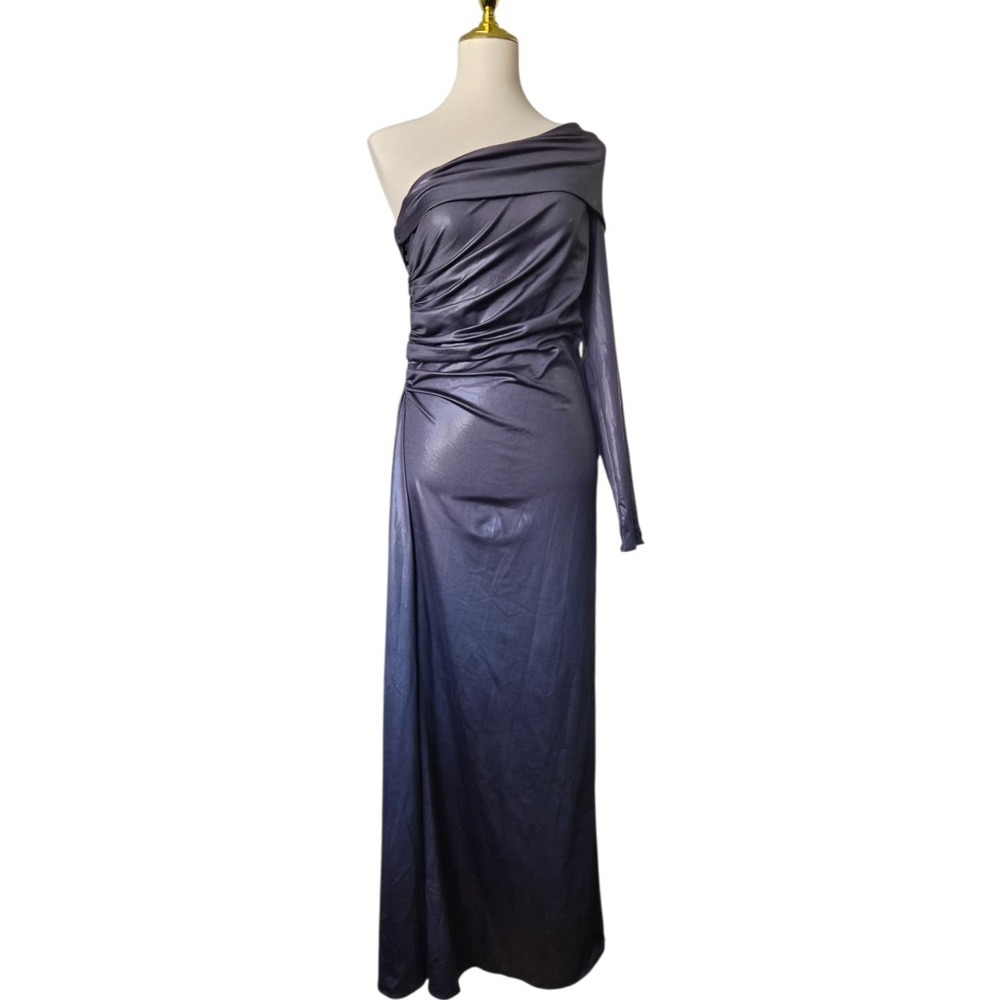 Zara one-shoulder formal gown in a‎ sleek gunmetal metallic Womens L